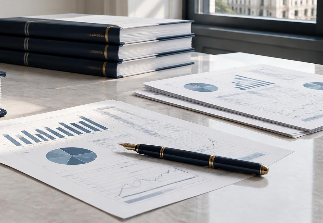 Informes encuadernados y gráficos financieros impresos sobre una mesa de piedra